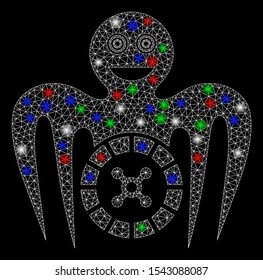 Bright mesh roulette mad monster with lightspot effect. White wire frame polygonal mesh in vector format on a black background. Abstract 2d mesh created from polygonal grid, round dots,