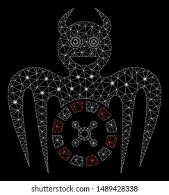 Bright mesh roulette mad spectre devil with sparkle effect. Abstract illuminated model of roulette mad spectre devil icon. Shiny wire frame triangular mesh roulette mad spectre devil.
