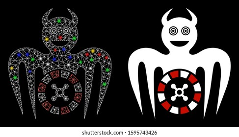 Bright mesh roulette mad spectre devil icon with sparkle effect. Abstract illuminated model of roulette mad spectre devil. Shiny wire carcass triangular mesh roulette mad spectre devil icon.