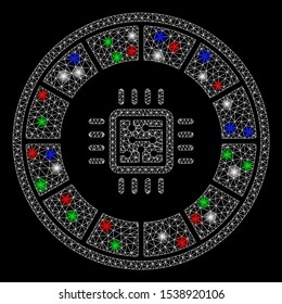 Bright mesh roulette processor with glare effect. White wire carcass triangular mesh in vector format on a black background. Abstract 2d mesh created from triangular lines, small circle,