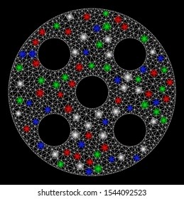Bright mesh round dice with glare effect. White wire frame polygonal mesh in vector format on a black background. Abstract 2d mesh created from polygonal grid, dots, colored glare spots.
