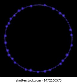 Bright mesh round frame with glow effect. Abstract illuminated model of round frame icon. Shiny wire carcass triangular mesh round frame. Vector abstraction on a black background.