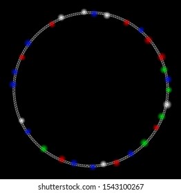 Bright mesh round frame with glow effect. White wire carcass triangular mesh in vector format on a black background. Abstract 2d mesh designed with triangles, points, colorful flare spots.