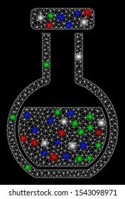 Bright mesh round retort with glow effect. White wire carcass triangular mesh in vector format on a black background. Abstract 2d mesh designed with polygonal grid, small circle, colorful flash spots.