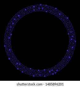 Bright mesh round rosette seal with glitter effect. Abstract illuminated model of round rosette seal icon. Shiny wire carcass polygonal mesh round rosette seal.
