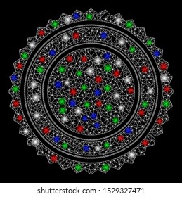 Bright mesh round rosette seal with glow effect. White wire frame triangular mesh in vector format on a black background. Abstract 2d mesh designed with triangular lines, spheric points,