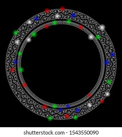 Bright mesh round rosette seal with glare effect. White wire carcass triangular mesh in vector format on a black background. Abstract 2d mesh designed with triangular lines, points,