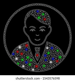 Bright mesh rounded gentleman with glare effect. White wire frame triangular mesh in vector format on a black background. Abstract 2d mesh designed with triangular lines, dots, colorful glare spots.