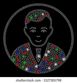 Bright mesh rounded gentleman with lightspot effect. White wire carcass polygonal mesh in vector format on a black background. Abstract 2d mesh designed with polygonal grid, small circle,