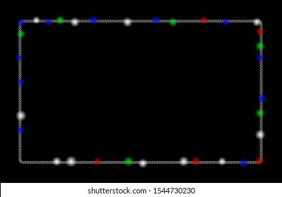 Bright mesh rounded rectangle frame with glare effect. White wire carcass triangular mesh in vector format on a black background. Abstract 2d mesh designed with triangular lines, points,