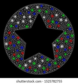 Bright mesh rounded star with lightspot effect. White wire carcass polygonal mesh in vector format on a black background. Abstract 2d mesh designed with triangles, small circle, colored flash spots.