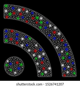 Bright mesh rss with lightspot effect. White wire carcass polygonal mesh in vector format on a black background. Abstract 2d mesh designed with triangular lines, points, colorful light spots.