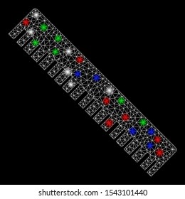 Bright mesh ruler with glare effect. White wire frame triangular mesh in vector format on a black background. Abstract 2d mesh designed with polygonal grid, small circle, colorful glare spots.