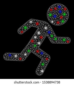 Bright mesh running child with glare effect. White wire frame polygonal mesh in vector format on a black background. Abstract 2d mesh designed with polygonal grid, dots, colored glare spots.