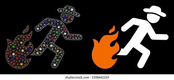 Bright mesh running man from fire icon with glitter effect. Abstract illuminated model of running man from fire. Shiny wire carcass polygonal mesh running man from fire icon.