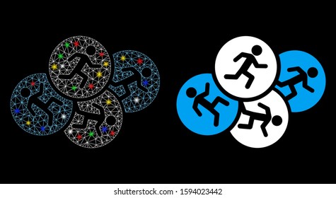Bright mesh running men icon with glitter effect. Abstract illuminated model of running men. Shiny wire frame triangular mesh running men icon. Vector abstraction on a black background.