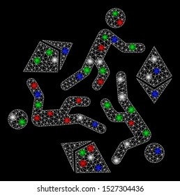 Bright mesh running persons for Ethereum with lightspot effect. White wire frame polygonal mesh in vector format on a black background. Abstract 2d mesh designed with polygonal grid, dots,