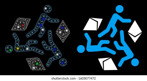 Bright mesh running persons for Ethereum icon with sparkle effect. Abstract illuminated model of running persons for Ethereum. Shiny wire frame triangular mesh running persons for Ethereum icon.