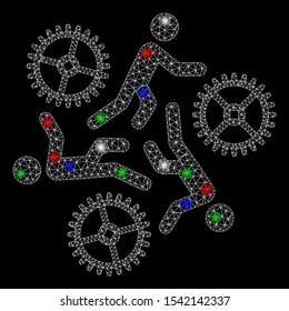 Bright mesh running persons for gears with lightspot effect. White wire carcass polygonal mesh in vector format on a black background. Abstract 2d mesh designed with polygonal grid, spheric points,