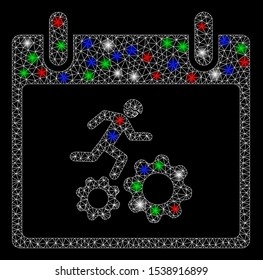 Bright mesh running worker calendar day with glow effect. White wire frame polygonal network in vector format on a black background. Abstract 2d mesh designed with triangles, dots,