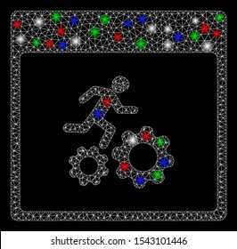 Bright mesh running worker calendar page with glare effect. White wire frame polygonal mesh in vector format on a black background. Abstract 2d mesh designed with triangular lines, round dots,