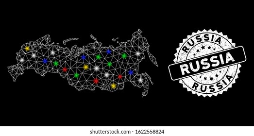 Bright mesh Russia map with lightspot effect, and seal stamp. Wire carcass triangular Russia map mesh in vector format on a black background. White round seal stamp with corroded surface.