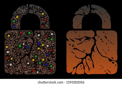 Bright mesh rust lock icon with lightspot effect. Abstract illuminated model of rust lock. Shiny wire frame triangular mesh rust lock icon. Vector abstraction on a black background.