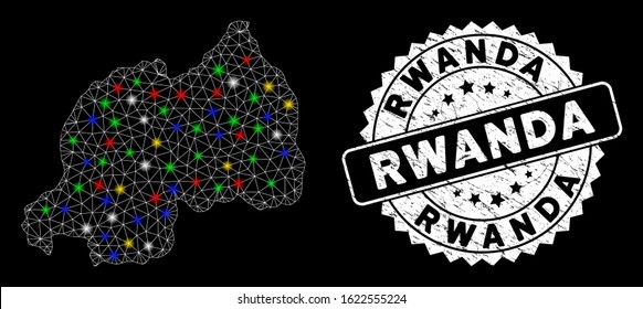 Bright mesh Rwanda map with glow effect, and seal stamp. Wire carcass polygonal Rwanda map mesh in vector format on a black background. White round seal with dirty texture.