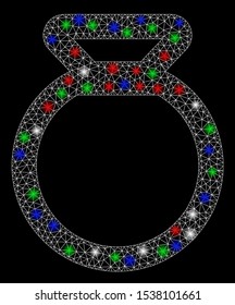 Bright mesh sack with lightspot effect. White wire frame polygonal mesh in vector format on a black background. Abstract 2d mesh designed with polygonal grid, dots, colorful light spots.