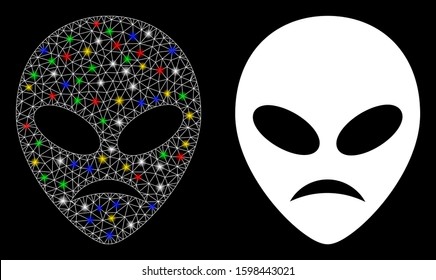 Bright mesh sad alien head icon with glitter effect. Abstract illuminated model of sad alien head. Shiny wire carcass triangular mesh sad alien head icon. Vector abstraction on a black background.