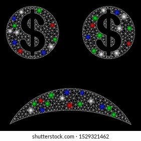 Bright mesh sad bankrupt smiley with glare effect. White wire frame polygonal network in vector format on a black background. Abstract 2d mesh designed with polygonal grid, round dots,