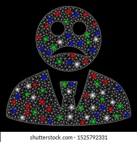Bright mesh sad boss with glow effect. White wire carcass triangular mesh in vector format on a black background. Abstract 2d mesh designed with triangular lines, dots, colorful flash spots.