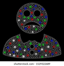 Bright mesh sad boy with glare effect. White wire frame triangular network in vector format on a black background. Abstract 2d mesh designed with triangular lines, small circle, colorful glare spots.