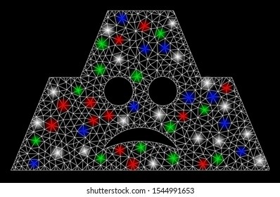 Bright mesh sad fortification with lightspot effect. White wire frame triangular mesh in vector format on a black background. Abstract 2d mesh designed with polygonal grid, spheric points,