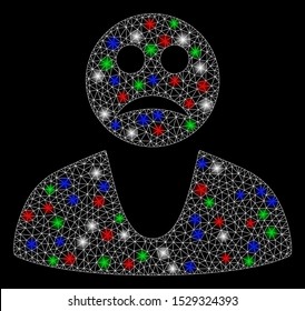 Bright mesh sad guy with lightspot effect. White wire frame polygonal mesh in vector format on a black background. Abstract 2d mesh created from polygonal grid, dots, colored light spots.
