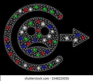 Bright mesh sad logout with lightspot effect. White wire frame triangular mesh in vector format on a black background. Abstract 2d mesh designed with triangular lines, dots, colorful flash spots.