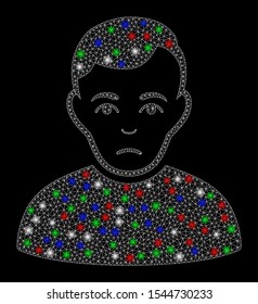 Bright mesh sad man with glare effect. White wire frame polygonal mesh in vector format on a black background. Abstract 2d mesh created from polygonal grid, dots, colorful glare spots.