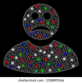 Bright mesh sad man with glow effect. White wire frame triangular mesh in vector format on a black background. Abstract 2d mesh designed with triangles, dots, colorful flare spots.