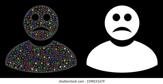 Bright mesh sad man icon with glare effect. Abstract illuminated model of sad man. Shiny wire frame polygonal network sad man icon. Vector abstraction on a black background.