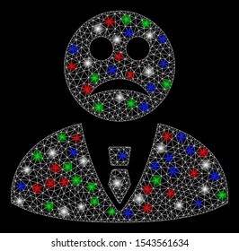 Bright mesh sad manager with lightspot effect. White wire frame polygonal mesh in vector format on a black background. Abstract 2d mesh created from polygonal grid, round dots, colored flare spots.