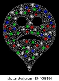 Bright mesh sad map marker with glare effect. White wire frame triangular mesh in vector format on a black background. Abstract 2d mesh created from triangular lines, round dots, colorful glare spots.