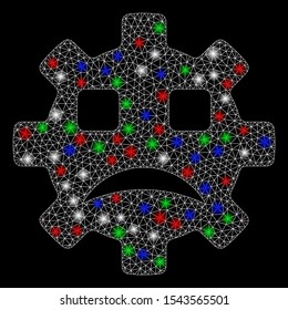 Bright mesh sad service gear smiley with lightspot effect. White wire carcass polygonal network in vector format on a black background. Abstract 2d mesh designed with polygonal grid, points,
