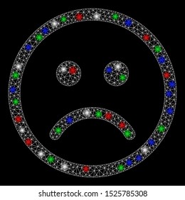 Bright mesh sad smiley with glow effect. White wire carcass polygonal mesh in vector format on a black background. Abstract 2d mesh designed with polygonal grid, round dots, colorful glare spots.
