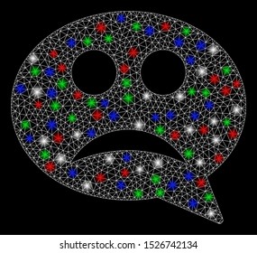 Bright mesh sad smiley message with glare effect. White wire carcass polygonal mesh in vector format on a black background. Abstract 2d mesh designed with triangles, small circle, colored flare spots.