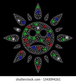 Bright mesh sad sun light with lightspot effect. White wire frame triangular mesh in vector format on a black background. Abstract 2d mesh designed with triangular lines, small circle,