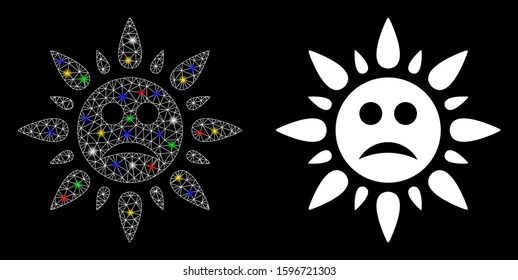 Bright mesh sad sun light icon with lightspot effect. Abstract illuminated model of sad sun light. Shiny wire frame triangular mesh sad sun light icon. Vector abstraction on a black background.