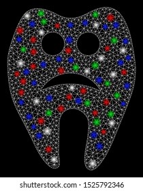 Bright mesh sad tooth with lightspot effect. White wire frame polygonal network in vector format on a black background. Abstract 2d mesh designed with polygonal grid, dots, colorful flare spots.