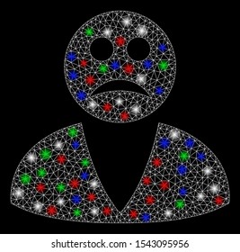 Bright mesh sad user with glare effect. White wire carcass polygonal mesh in vector format on a black background. Abstract 2d mesh created from polygonal grid, dots, colorful light spots.