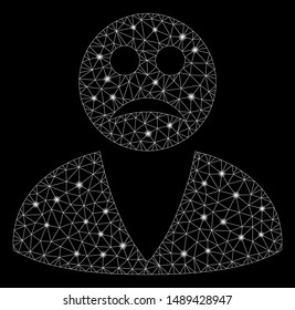Bright mesh sad user with glitter effect. Abstract illuminated model of sad user icon. Shiny wire frame triangular mesh sad user. Vector abstraction on a black background.