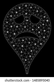 Bright mesh sadly smiley map marker with glitter effect. Abstract illuminated model of sadly smiley map marker icon. Shiny wire carcass polygonal mesh sadly smiley map marker.